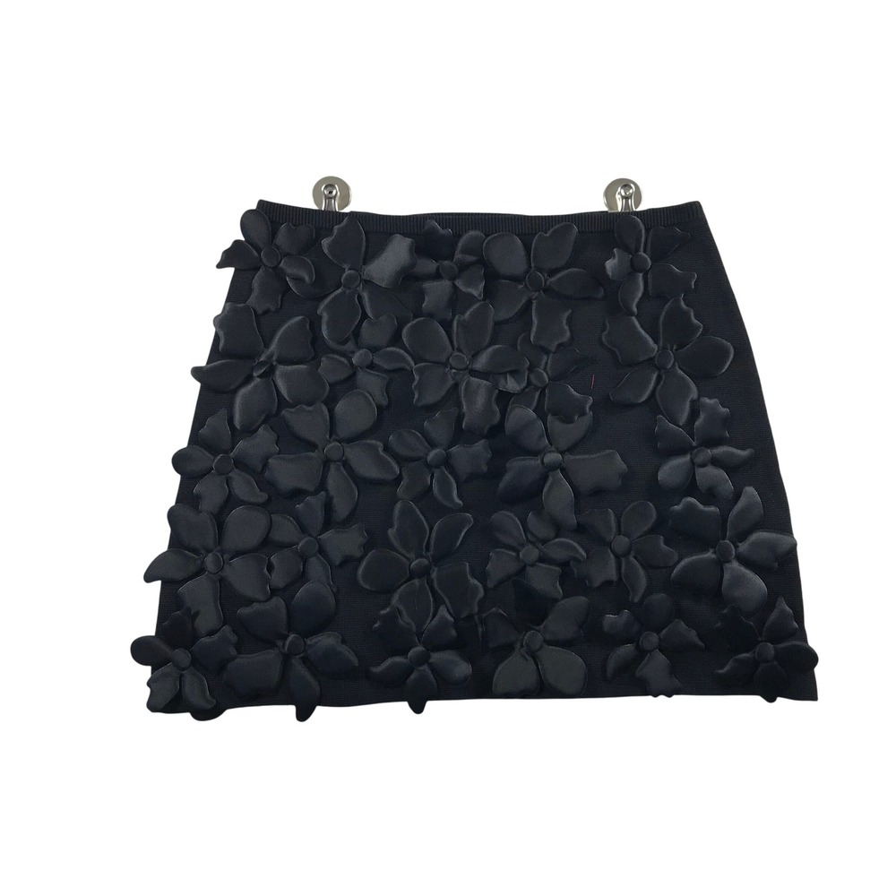 Zara Black 3D Floral Applique Knit Mini Skirt Small High Waisted Bodycon Flower